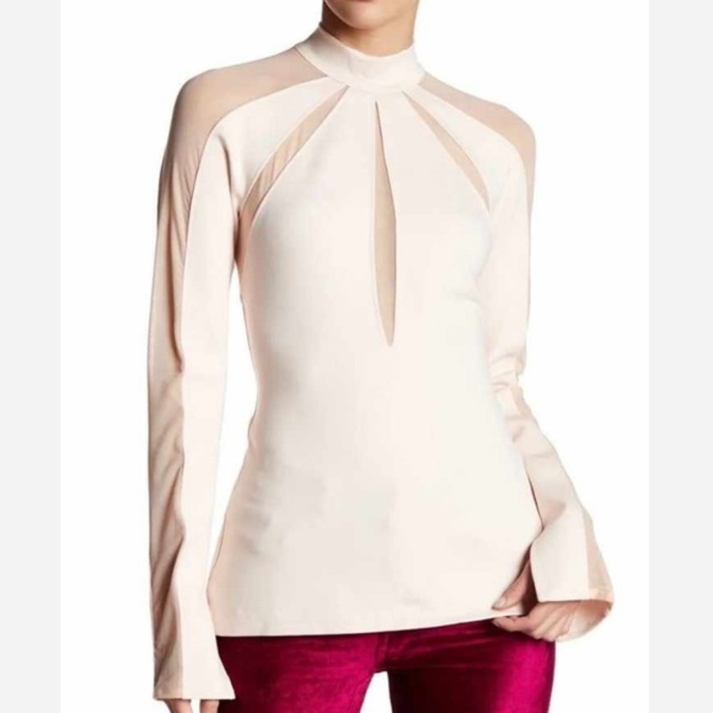 Free People Monarch Mesh Inset Mock Neck Blouse XS White